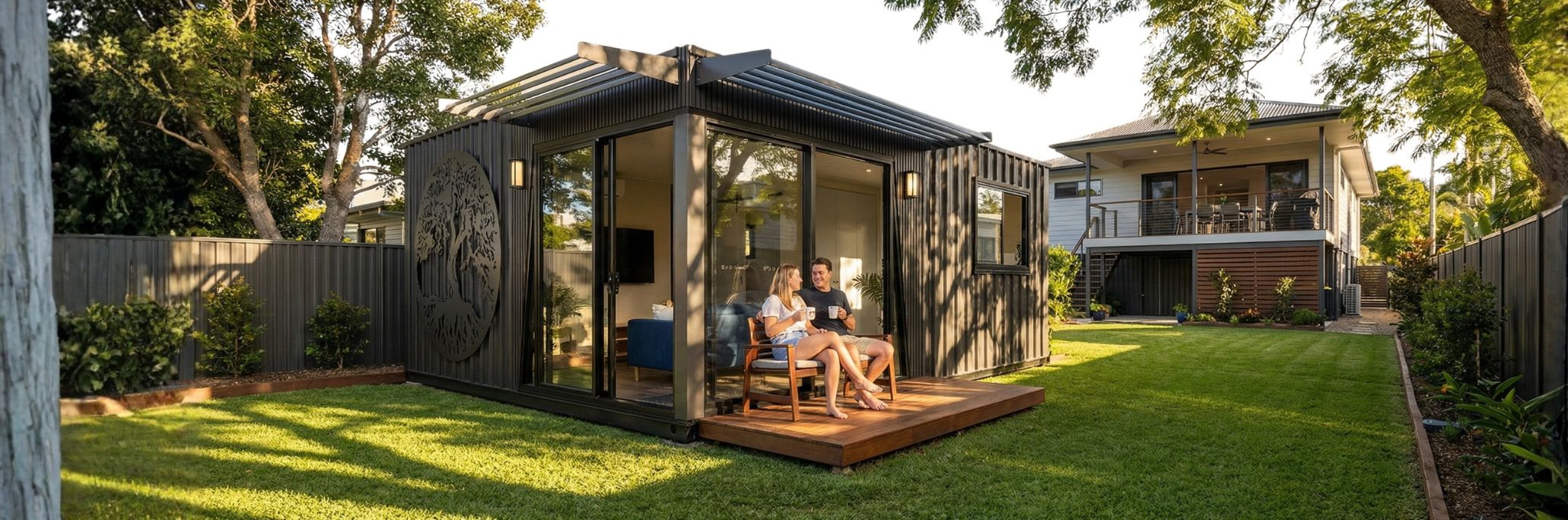 Couple sitting in their granny flat home in their parents' house.