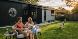 Sucasa Modular Home with a Young Couple Sitting In Their front Yard, PLaying With Their Dog