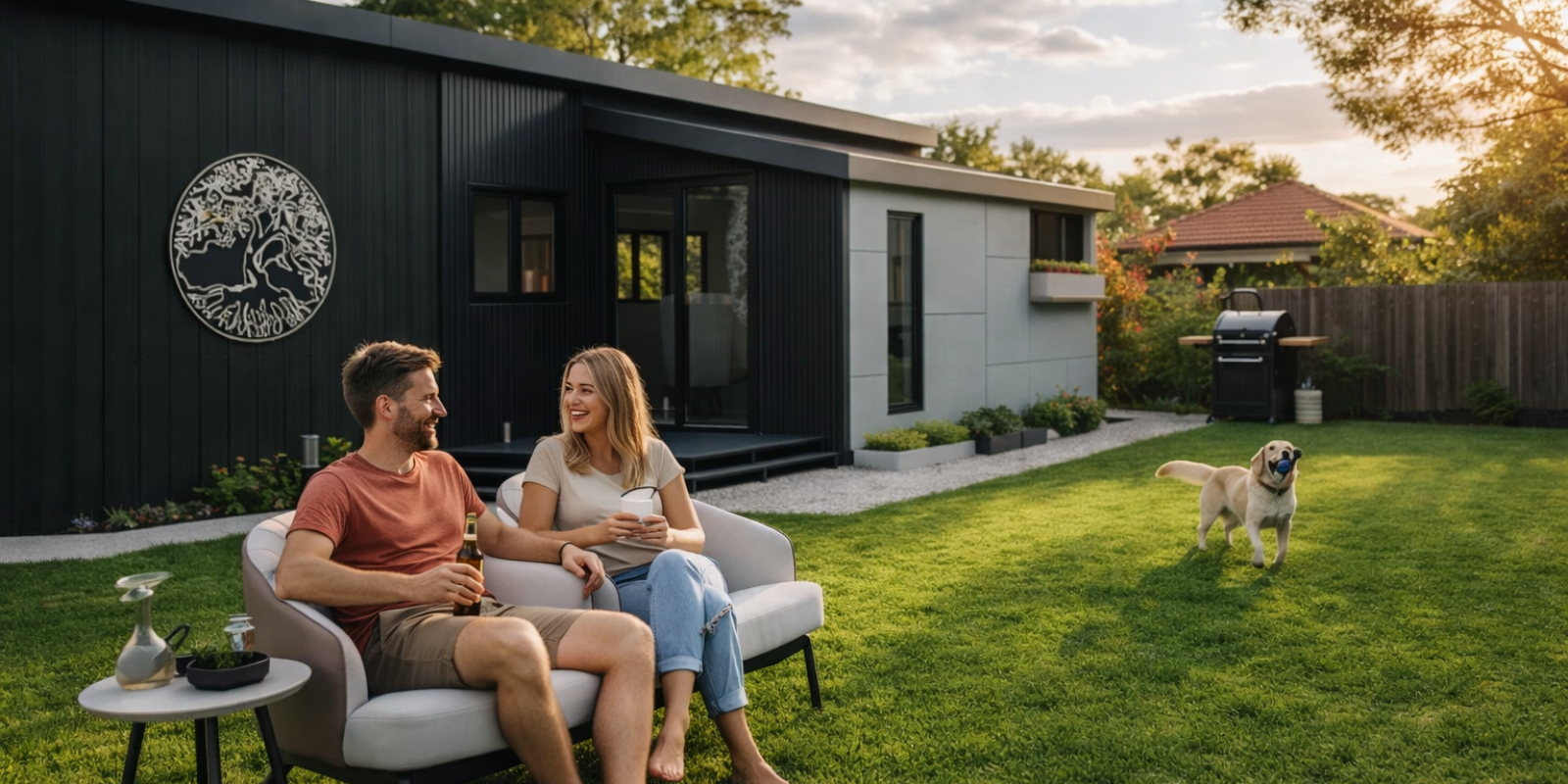 Sucasa Modular Home with a Young Couple Sitting In Their front Yard, PLaying With Their Dog