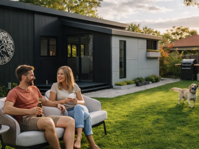 Sucasa Modular Home with a Young Couple Sitting In Their front Yard, PLaying With Their Dog